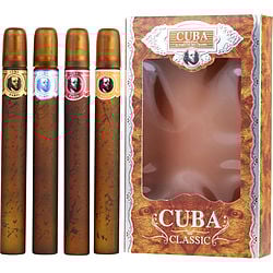 4 PIECE VARIETY WITH CUBA GOLD, BLUE, RED & ORANGE & ALL ARE EDT SPRAY 1.17 OZ