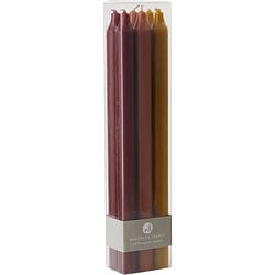 SIX TAPERS, EACH 12 INCHES LONG. COLORS ARE BORDEAUX, TERRA COTTA & CARAMEL. TAPERS ARE FRAGRANCE FREE, SMOKELESS & DRIPLESS AND BURN APPROX. 12 HRS