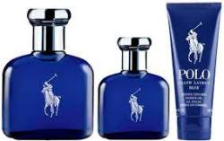 RALPH LAUREN POLO BLUE 3PC SET: 4.2 EDT SPRAY 3.4 SGEL 2.5 DEO STICK FOR MEN. DESIGNER:RALPH Perfume By For