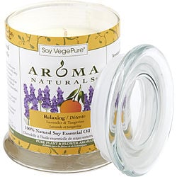 ONE 3.7x4.5 inch MEDIUM GLASS PILLAR SOY AROMATHERAPY CANDLE.  COMBINES THE ESSENTIAL OILS OF LAVENDER AND TANGERINE TO CREATE A FRAGRANCE THAT REDUCES STRESS.  BURNS APPROX. 45 HRS