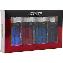 4 PIECE MENS MINI VARIETY WITH SPORT BLUE & SPORT RED & SPORT AQUA & SPORT BLACK & ALL ARE EDT SPRAY 0.5 OZ