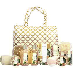 Vanilla Fashion Bath Tote: Shower Gel + Bubble Bath + Bath Salt + Body Scrub + Hand Cream + Body Lotion + Massage Oil + Shampoo Bar + Soap + 2x Bath Bombs + Bath Loofah + Body Brush + Hair Drying Towel + Tote Bag --13pcs + Bag