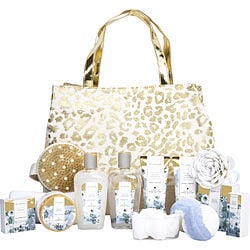 White Jasmine Fashion Bath Tote: Shower Gel + Bubble Bath + Bath Salt + Body Butter + Hand Cream + Body Lotion + Essential Oil + Shampoo Bar + 2x Bath Bombs + Hair Towel + Body Brush + Sponge + Soap Petals + Tote --13pcs + Bag
