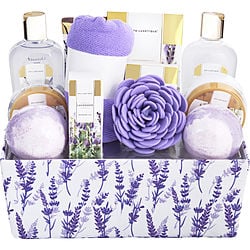 Lavender Bath & Shower Basket: Shower Gel + Bubble Bath +  Body Lotion + Hand Cream + Massage Oil + Bath Salt + Body Scrub + Soap + 2x Bath Bombs + Bath Loofah + Hair Drying Towel + Handmade Box --10pcs + Box